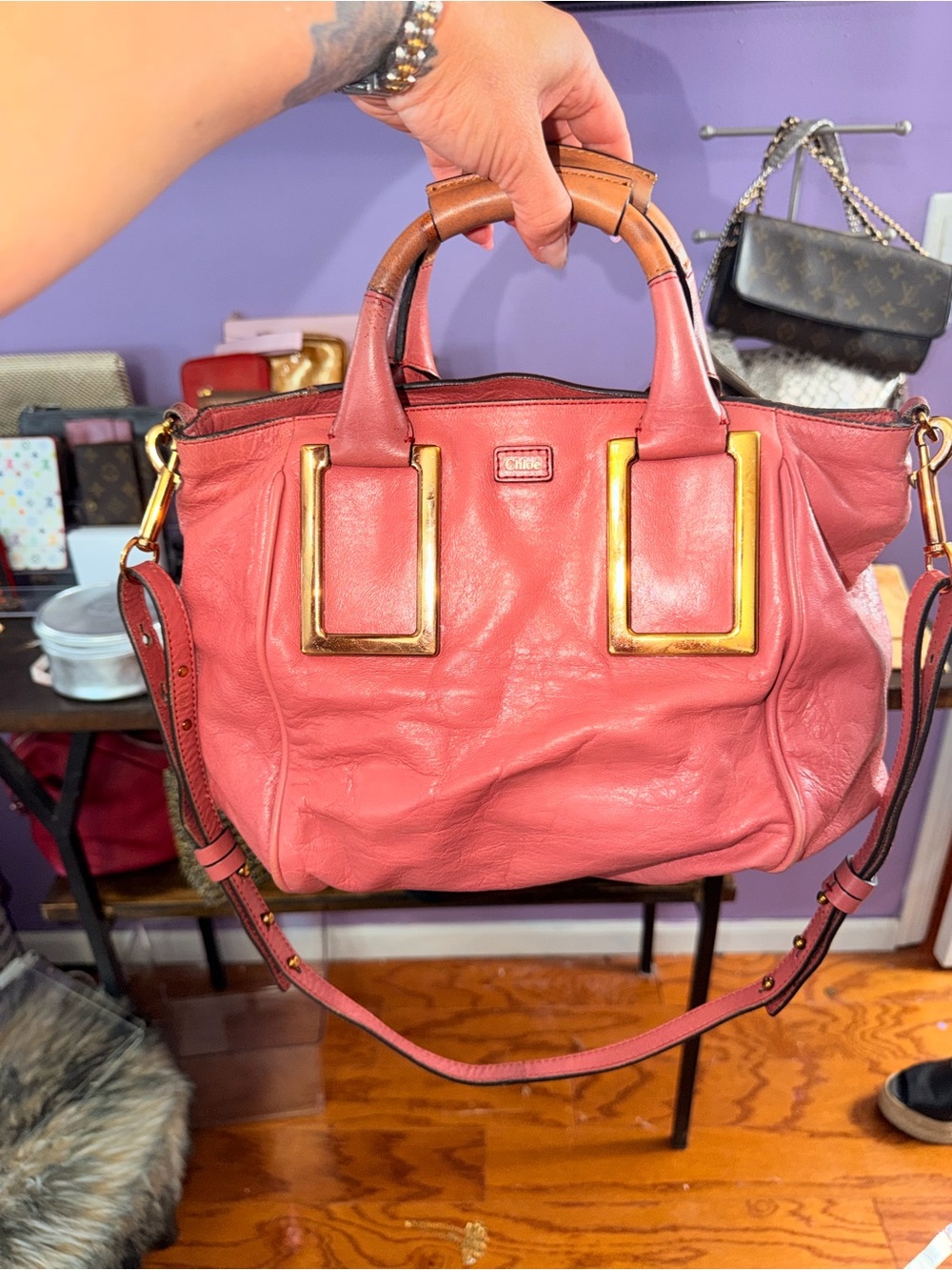 Chloe Coral and Tan Mini Satchel with Gold Hardware